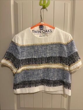 Endless Rose White, Blue & Black Striped Tweed Tunic with Gold Trim